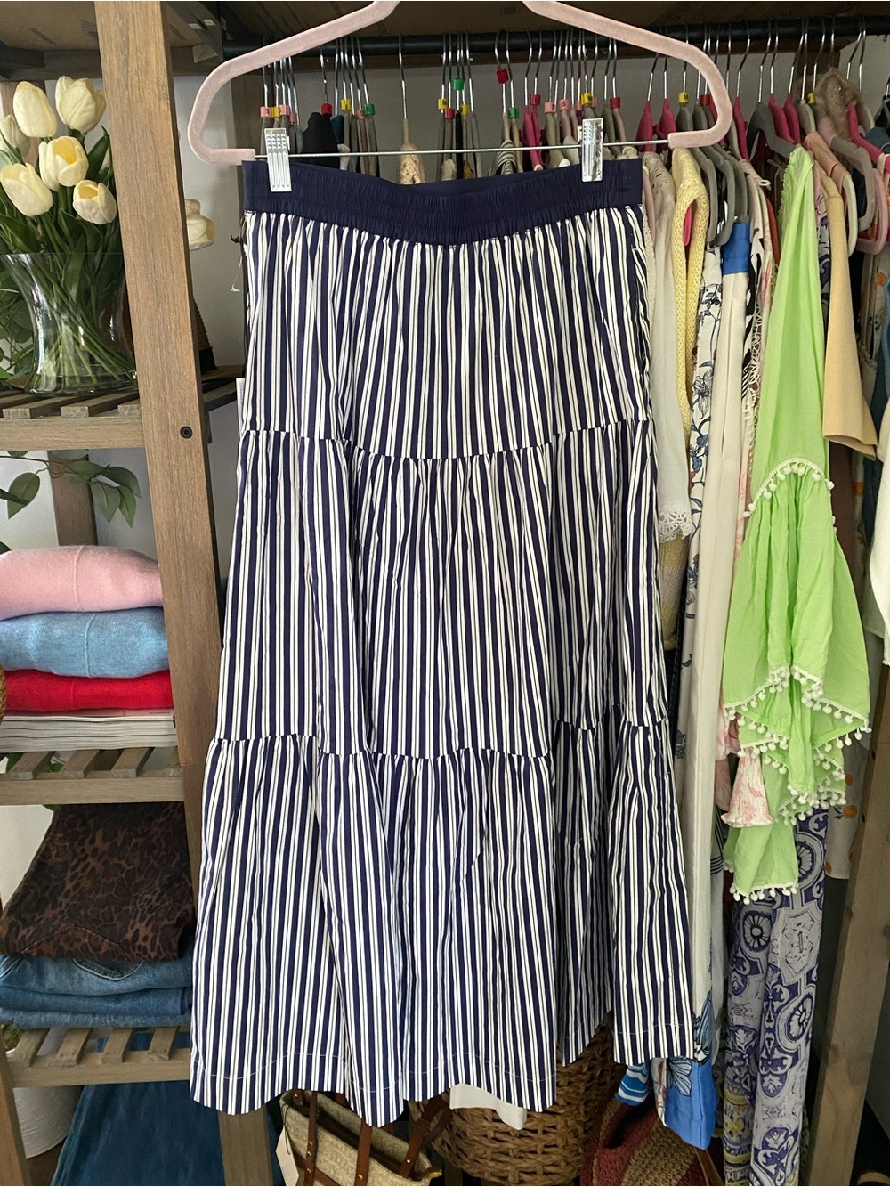CUPCAKES & CASHMERE Striped Navy and White Tiered Maxi Skirt - Women's! 🇺🇸